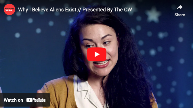 Still from the Buzzfeed video featuring Marcelina Chavira "Why I Believe Aliens Exist, Presented by the CW"